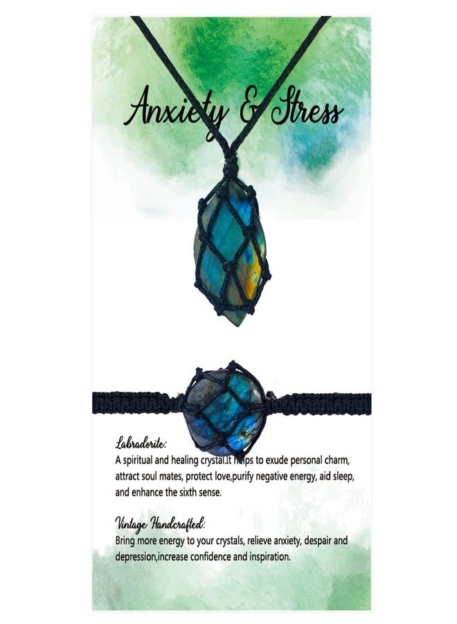 Quelay 2 Pcs Healing Crystal Necklace and Bracelet Natural Crystal Necklace Women Gift with Woven Rope and Card for Women Men(Green,Labradorite) - Image 1